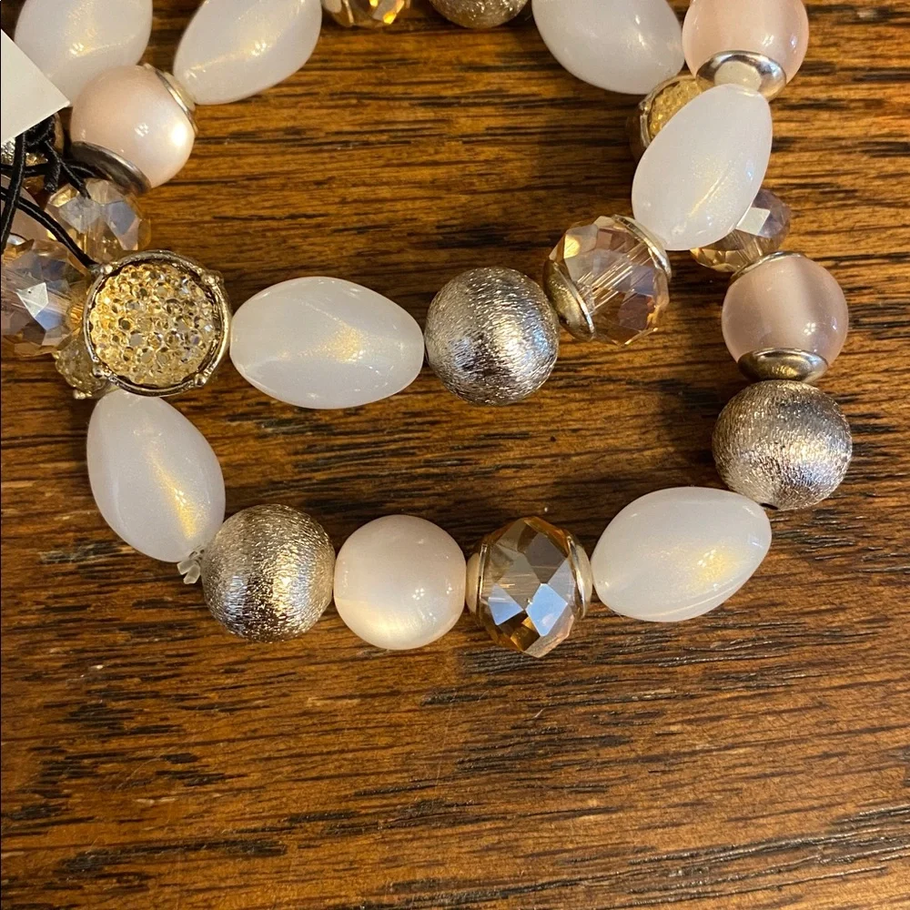 Ann Taylor Beaded Stretch Bracelet Stack Set Gold Cream Champagne NWT